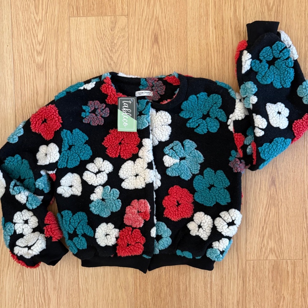 NWT Carole Christian Flower Bomber Jacket Women Small Sherpa BOHO Crop Chunky